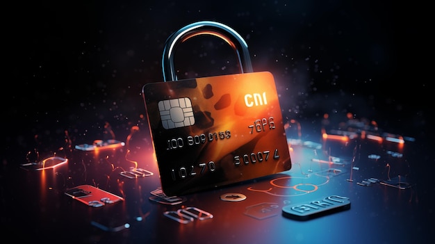 Photo secure credit card with glowing lock and encrypted design highlighting advanced digital security features