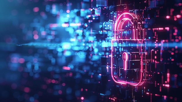 Secure Digital Encryption on Blue and Pink Background with Lock Icon