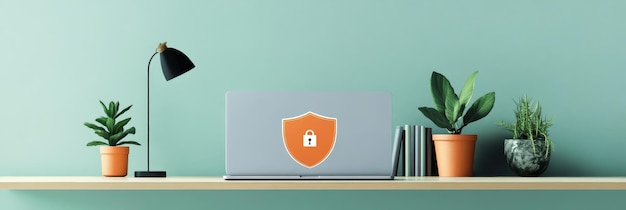 Photo secure laptop with shield icon on desk a laptop with a shield icon representing security pl