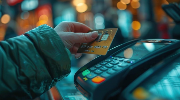 Secure Payment with Credit Card Closeup Hand Ready to Swipe at Terminal