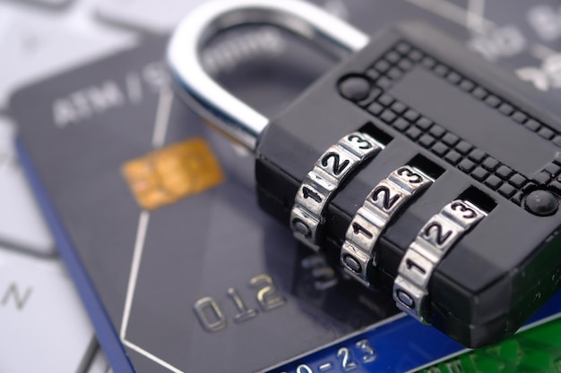 Photo secure shopping credit card with lock symbolizing data protection and online security