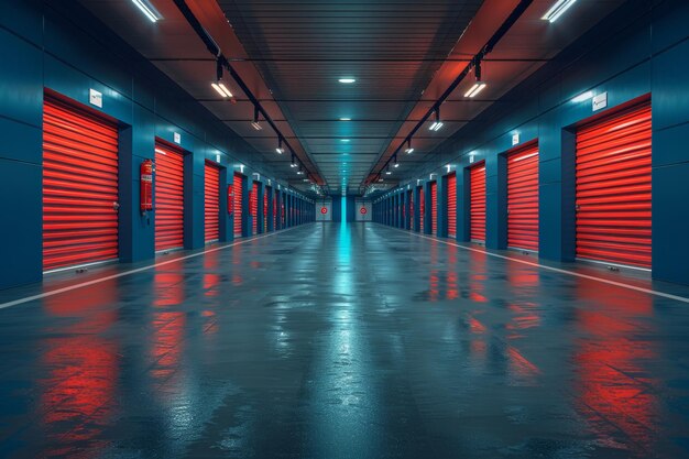 Secure warehouse storage units with locked gates and closed roller shutters in a storage facility