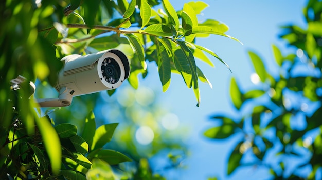 Photo security camera concealed among lush green leaves focusing on surveillance in a natural setting concept of security privacy and technology in nature