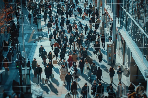 Security camera footage of urban crowd with facial recognition analysis