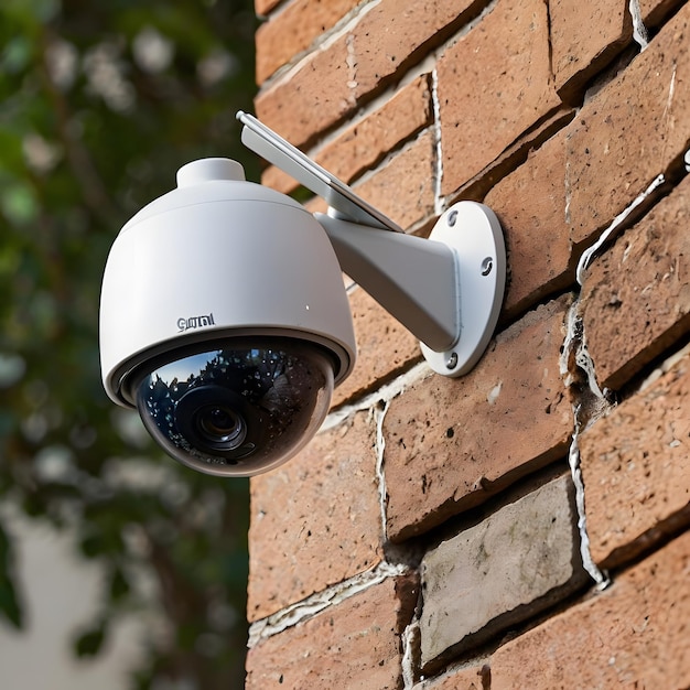 A security camera is attached to a brick wall with a security camera attached to it