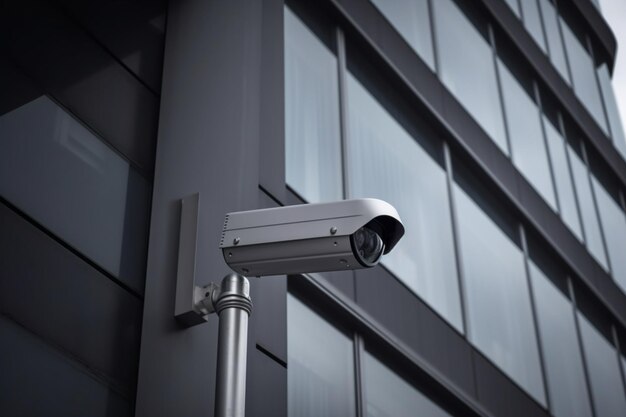 A security camera is mounted on a building in front of a window.