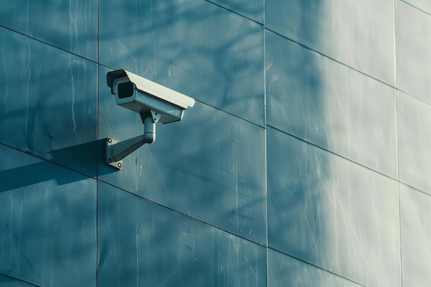 A security camera is mounted on a wall