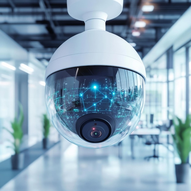 Security Camera in Modern Office Building with Network Visualization