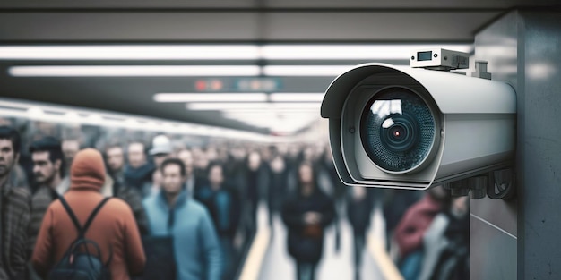 A security camera monitoring crowded train station or subway pla