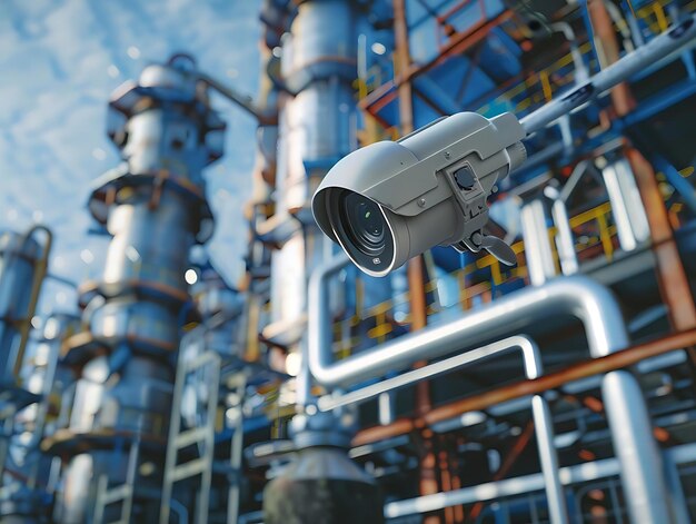 Security Camera Monitoring Industrial Facility 3D Illustration