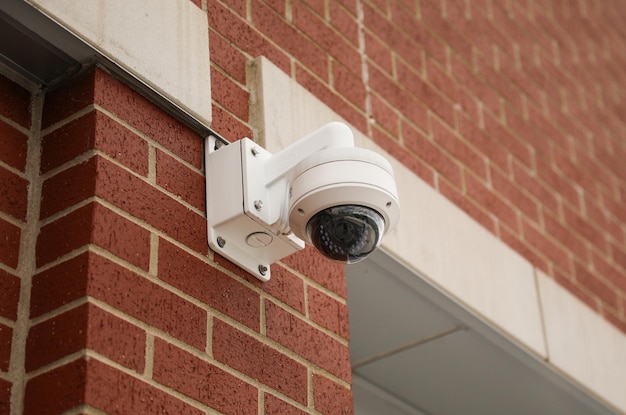 Security camera mounted on a building overlooking a busy street while roadside camera on a pole cap