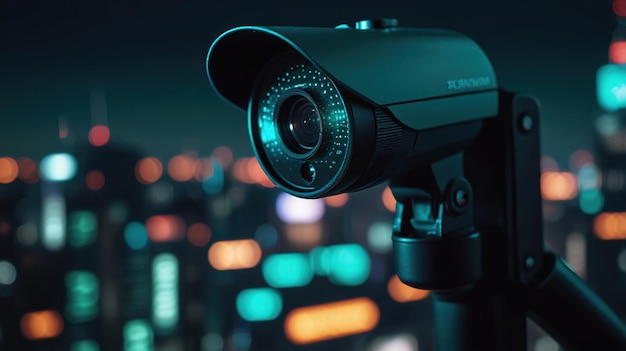 Photo a security camera mounted on a building with a city skyline in the background