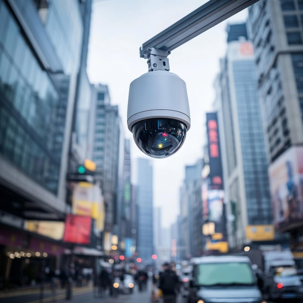 Security Camera Mounted on a Pole in a City Street