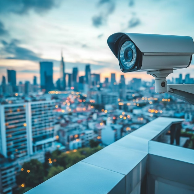 Security Camera overlooking a bustling cityscape at dusk