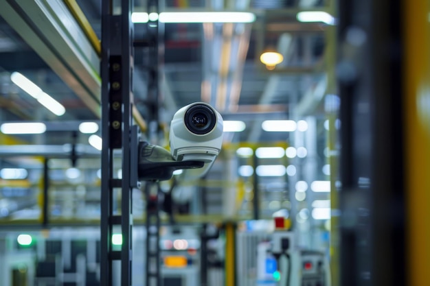 Photo a security camera in sharp focus monitors a hightech industrial environment with a blurred background of various machinery and wiring