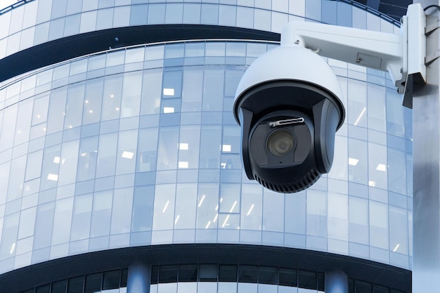 Security CCTV camera in office building Blurred background