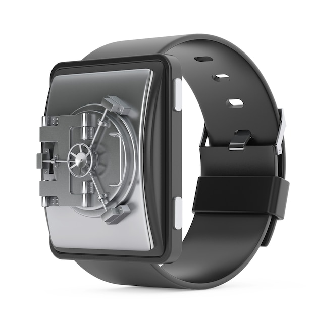 Security Concept. Smartwatch with Bank Vault Door on a white background. 3d Rendering