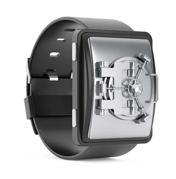 Security Concept. Smartwatch with Bank Vault Door on a white background. 3d Rendering