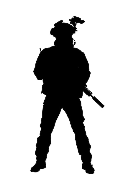 Security forces silhouette with weapon. Studio shot