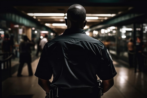 Security Guard In Black Stands With His Back To An Outoffocus Bar Generative AI