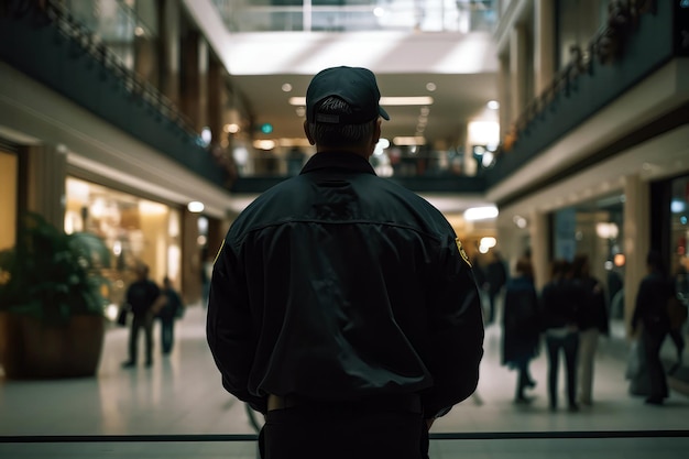 Security Guard In Black Stands With His Back To An Outoffocus Mall Generative AI