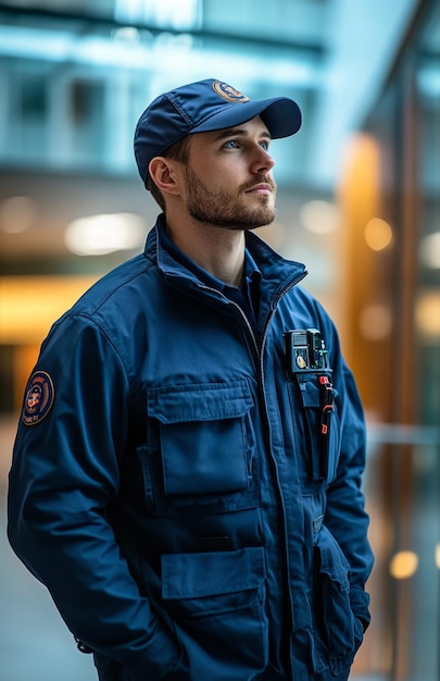 Security guard in blue uniform and hat standing in modern office building lobby professional setting