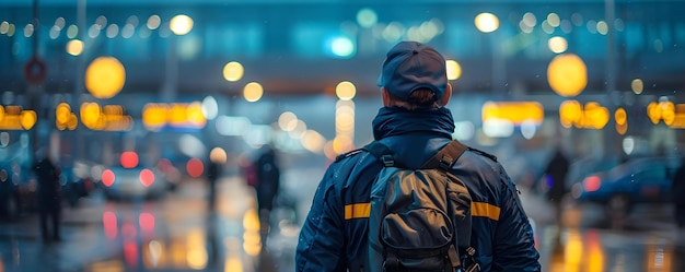 Security guard facing away keeping watch in airports Concept Airport Security Surveillance Vigilant Guard Occupational Safety Public Protection