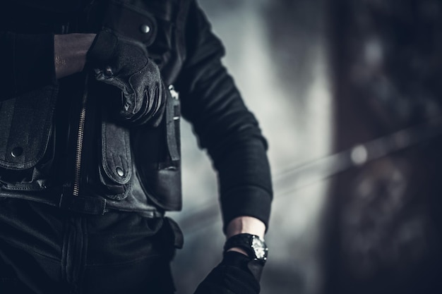 Photo security guard job concept photo tactical vest closeup