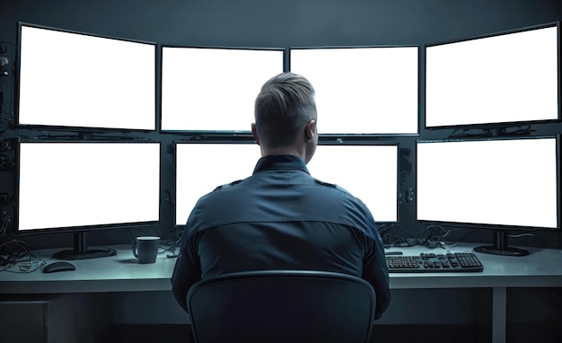 A security guard scans multiple displays from a secure desk in a