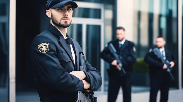 Photo a security guard stands with arms crossed focused on his duty