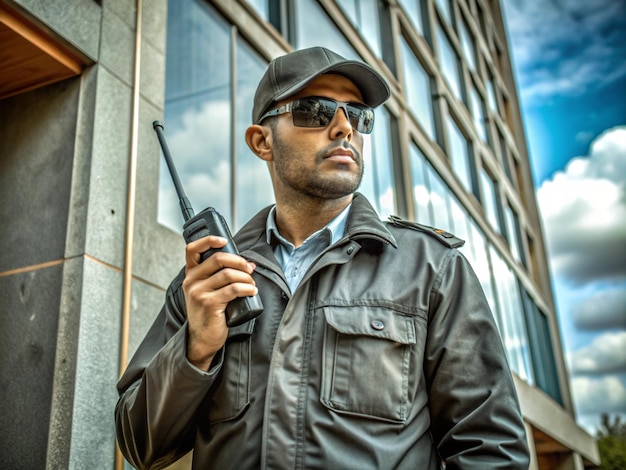 security guard with radio seating beside a shopping complex dirty asians