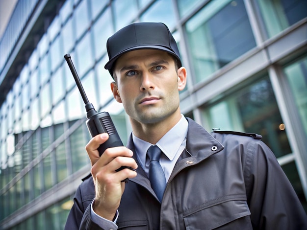 Photo security guard with radio seating beside a shopping complex dirty asians