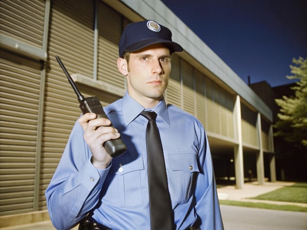 security guard with radio seating beside a shopping complex