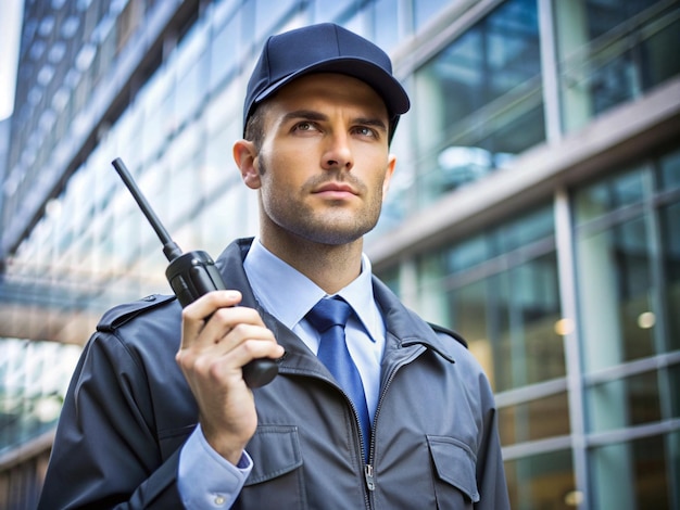 security guard with radio seating beside a shopping complex