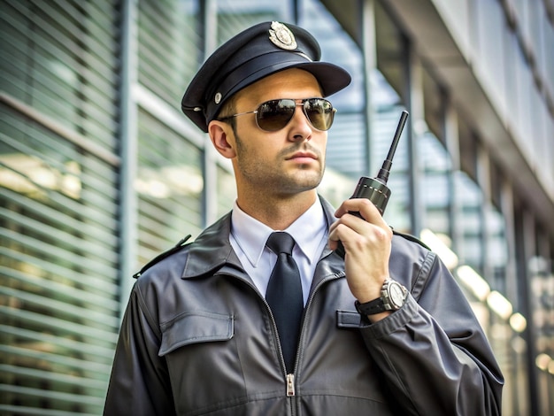 security guard with radio seating beside a shopping complex