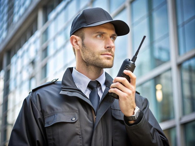 security guard with radio seating beside a shopping complex