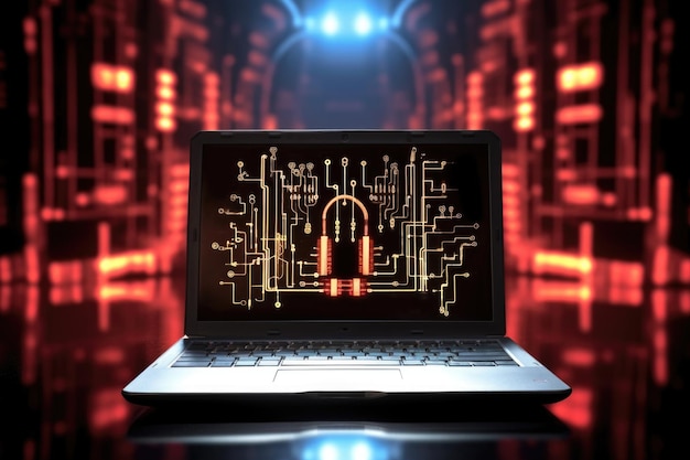 Security padlock icon on a laptop with data center background created with generative ai