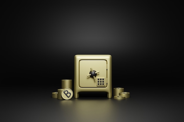 Security Safe Box and bitcoins on black background