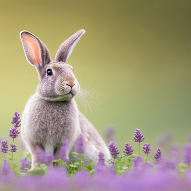 Sedate easter rabbit portrait full body sitting in green field