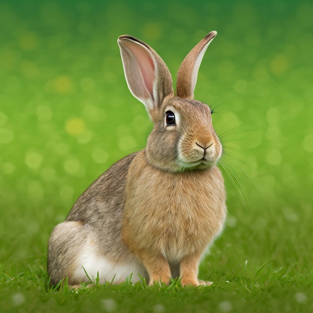 Sedate easter Tam rabbit portrait full body sitting in green field