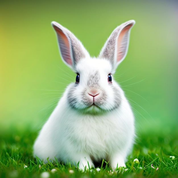 Sedate easter white dwarf rabbit portrait full body sitting in green field