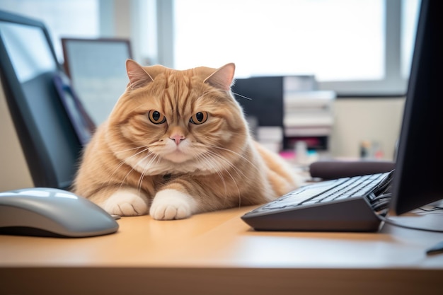 Sedentary Cat At Office Table In Front Of Computer