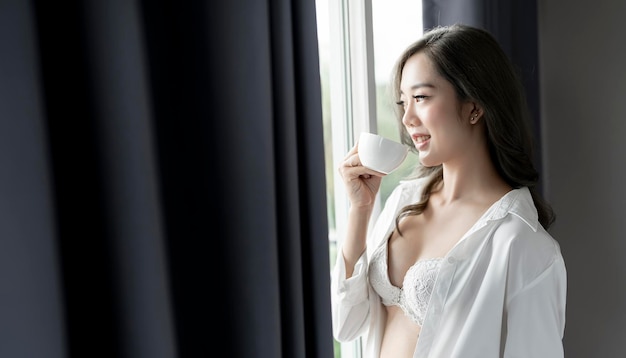 Seductive asian woman in white lace underwear standing by the window with cup of coffee