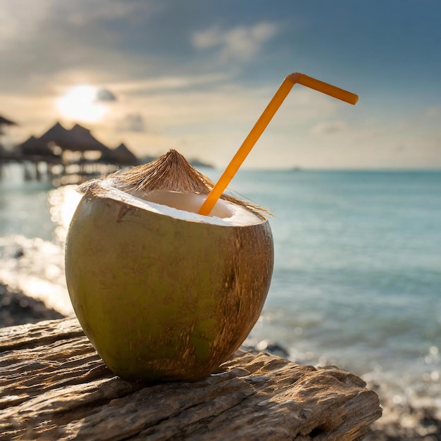 See beach coconut with straw in the see relax time for journey mind