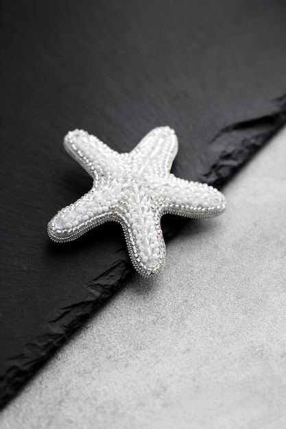 Seed bead embroidered brooch in a shape of starfish on black background