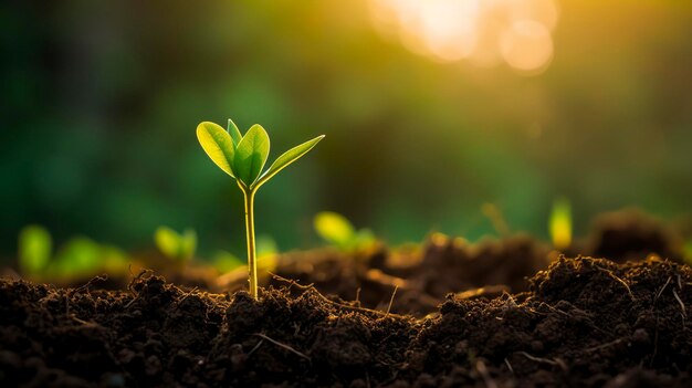 Seeding are growing in the soil with backdrop of the sunlight generat ai