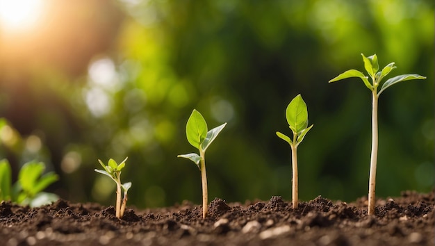 The seedling are growing from the rich soil to the morning sunlight growing concept