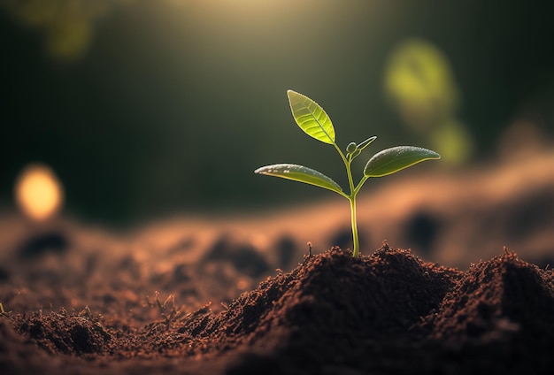 The seedling are growing from the rich soil to the morning sunlight that is shining