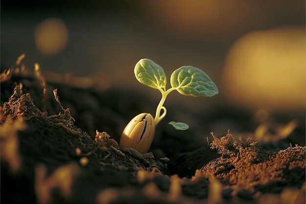 A seedling is sprouting from a seed.