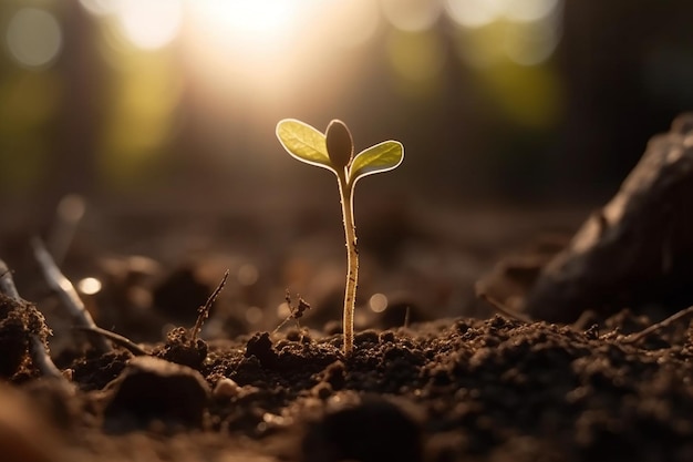 A seedling sprouting from the ground in a field